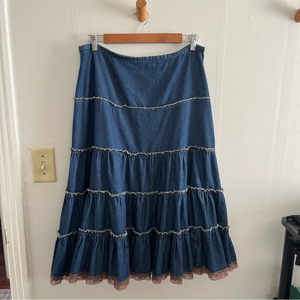 Denim Cottagecore Tiered vintage Skirt Size L Boho Western Rodeo Gypsy Peasant